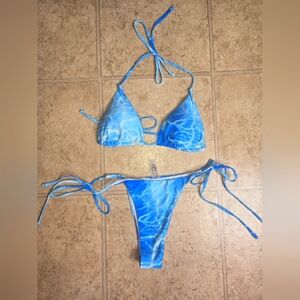 SHIEN blue and white marble 3 piece bikini swimsuit size Large